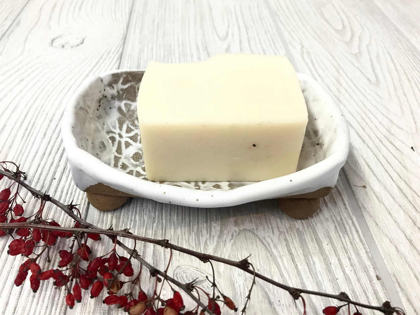 Handmade Ceramic Soap Dish - White with Vintage Lace Texture