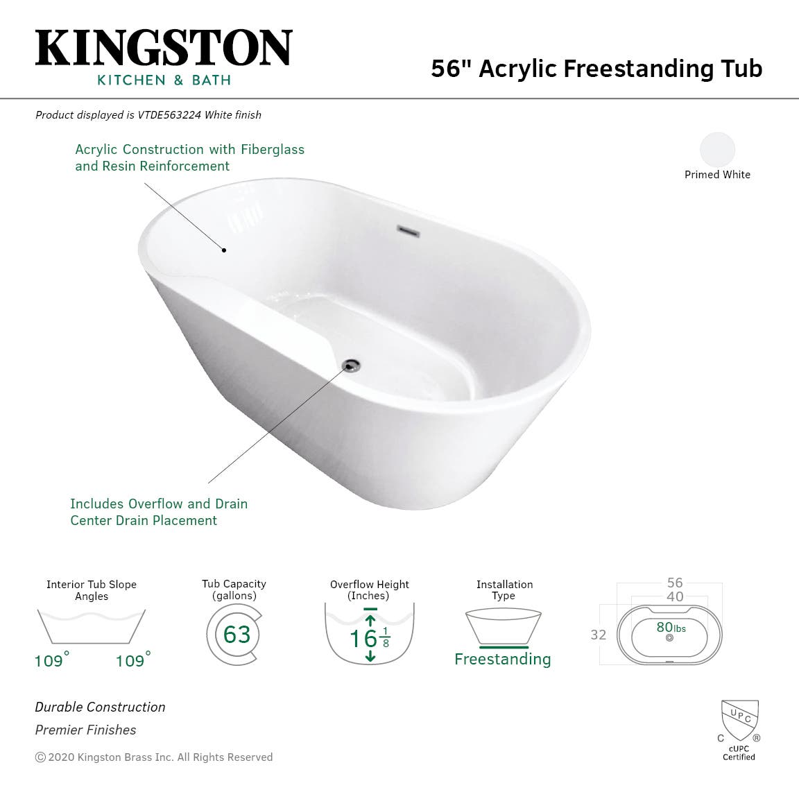 Aqua Eden Vtde563224 56-Inch Acrylic Freestanding Tub With Drain