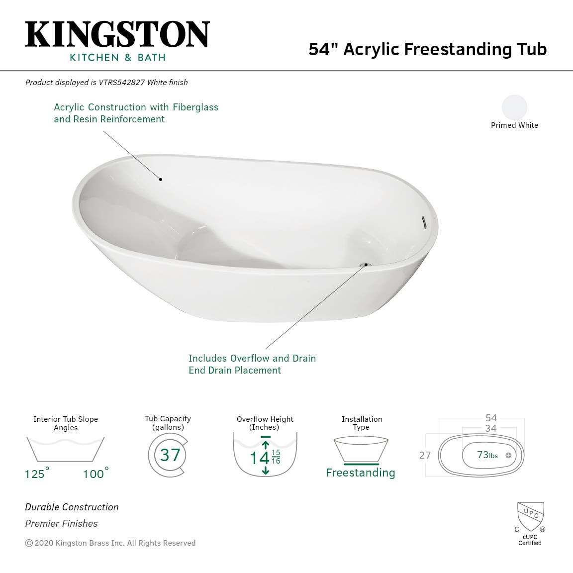 Aqua Eden Vtrs542827 54-Inch Acrylic Single Slipper Freestanding Tub With Drainwhite