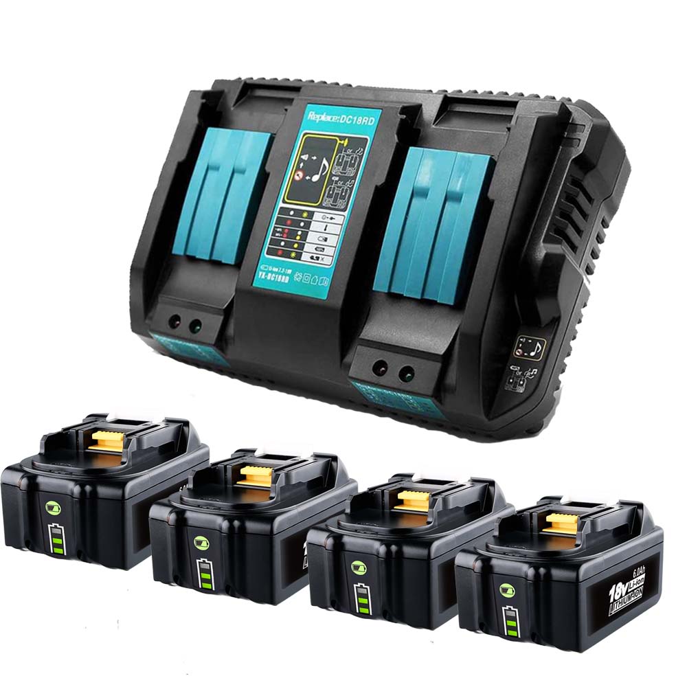 4 Pack For 18V 6Ah Makita Bl1860B Battery Replacement & Dual Port Charger Starter Pack / Replacement Charger For Makita 18V Battery Charger Dc18Rd...