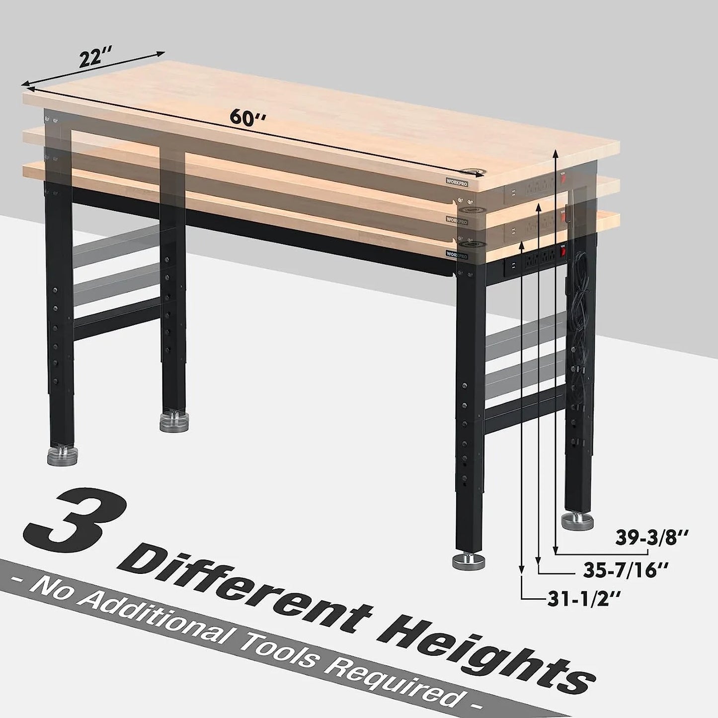 WORKPRO 60" Adjustable Workbench, Rubber Wood Top Heavy-Duty Workstation, 2000 LBS Load Capacity Pack of 10