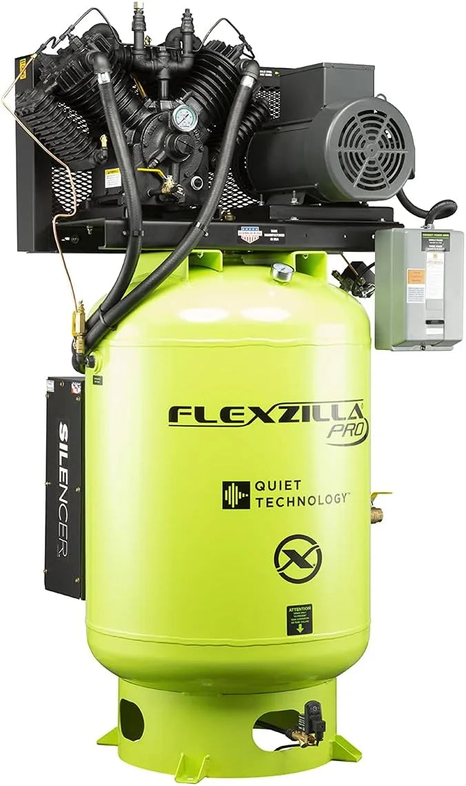 Flexzilla Pro Air Compressor with Silencer, Stationary, 10 HP, 120 Gallon, 208 Volt, 3-Phase, 2-Stage, Vertical - FXS10V120V3-208
