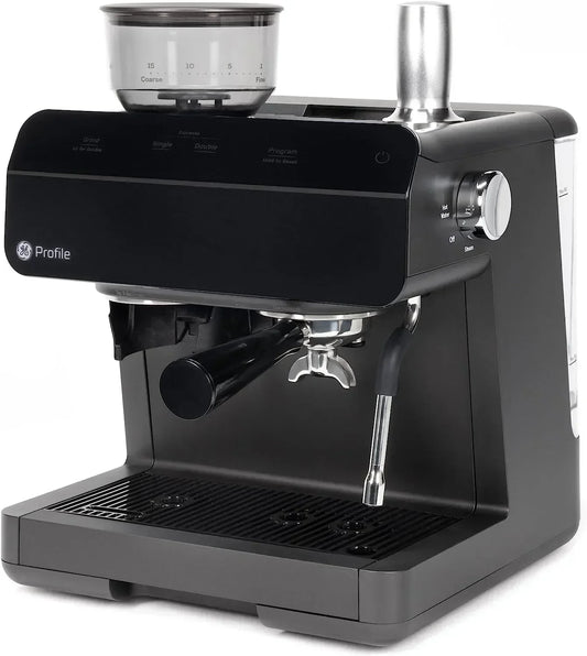 GE Profile 1- Cup Semi Automatic Espresso Machine in Black with Built-in Grinder, Frother, Frothing Pitcher, and WiFi Connected