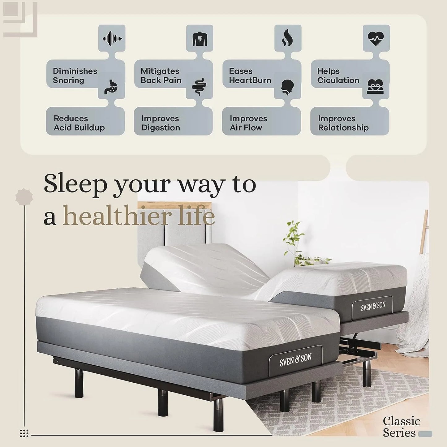 Sven & Son Split King Adjustable Bed Base Frame + 12" Luxury Cool Gel Memory Foam Mattress, Head Up Foot Up