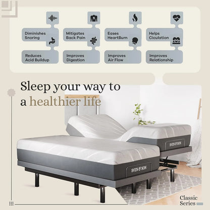 Sven & Son Split King Adjustable Bed Base Frame + 12" Luxury Cool Gel Memory Foam Mattress, Head Up Foot Up