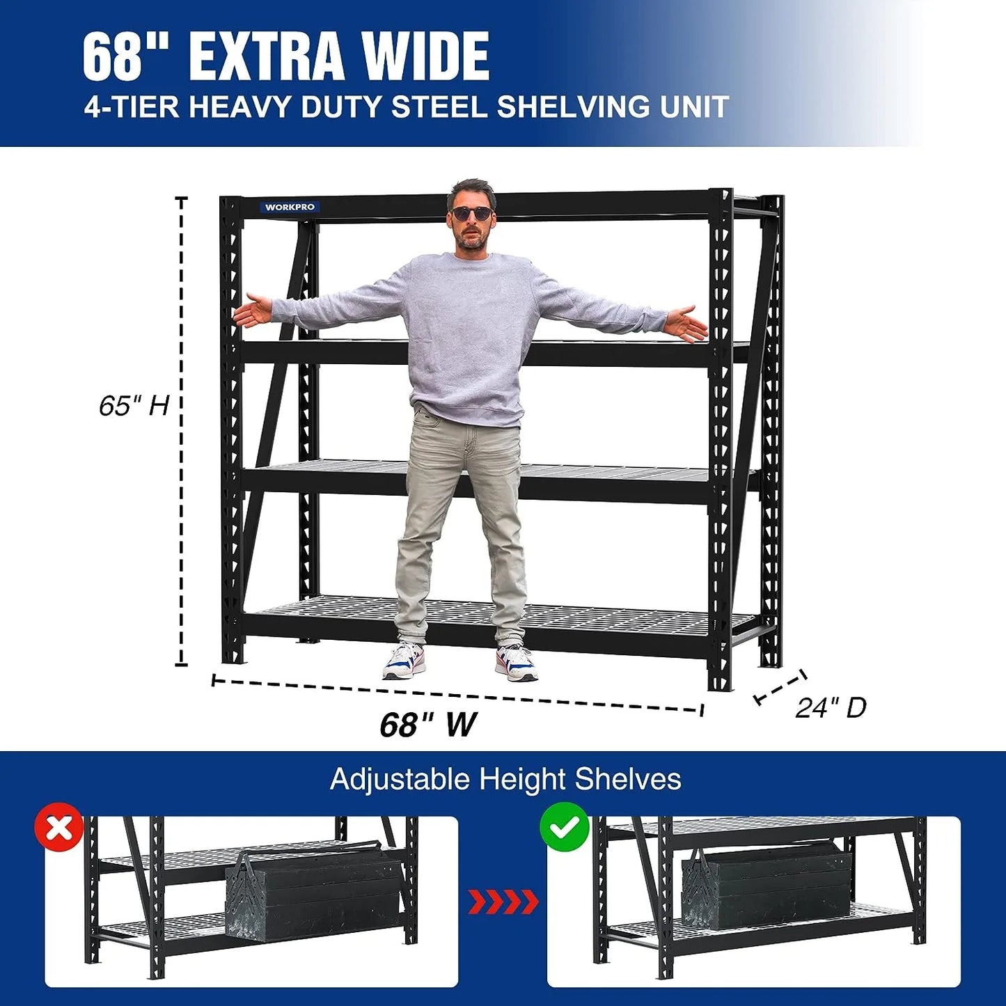 WORKPRO 68" Ultra Wide 4-Tier Metal Garage Shelving Unit, 68"W x 24"D x 65"H, 7200 LBS Capacity, Heavy Duty Storage Utility Rack, Pack of 10