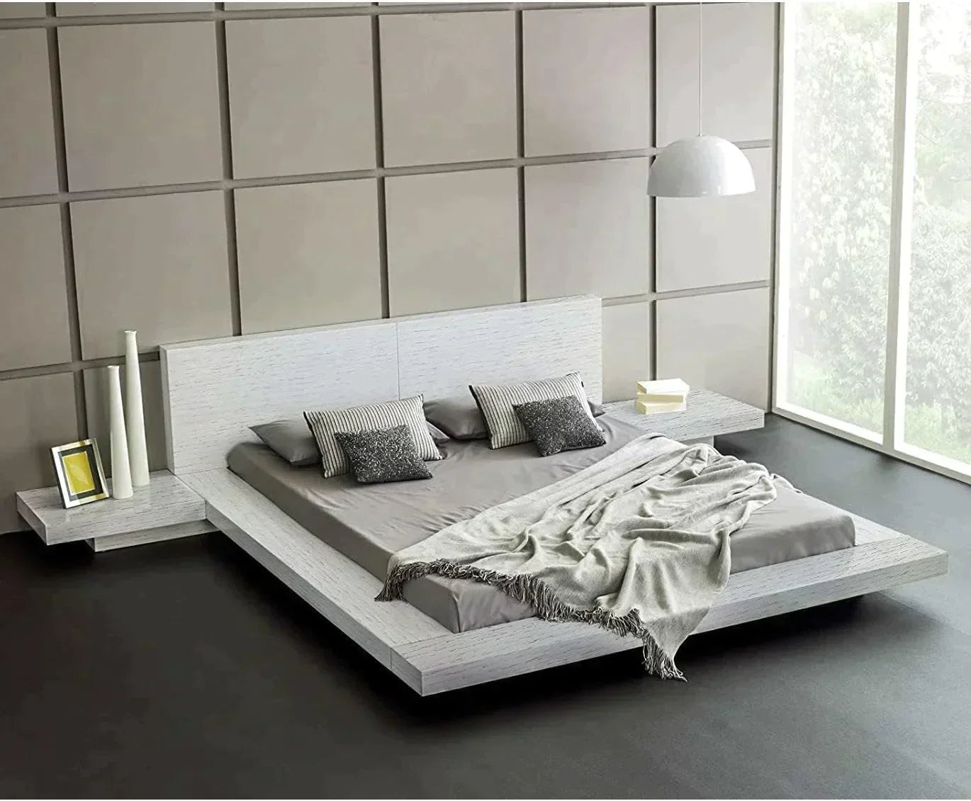 Fast Furnishings King Modern Platform Bed with Headboard and 2 Nightstand in Ash White