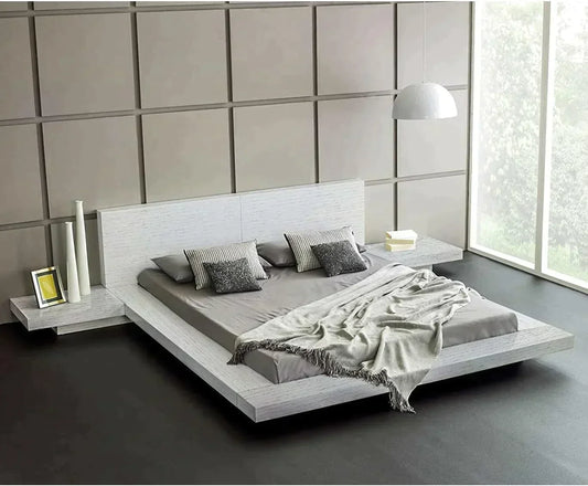 Fast Furnishings King Modern Platform Bed with Headboard and 2 Nightstand in Ash White