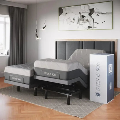 Sven & Son Split King Adjustable Bed Base Frame + 12" Luxury Cool Gel Memory Foam Mattress, Head Up Foot Up