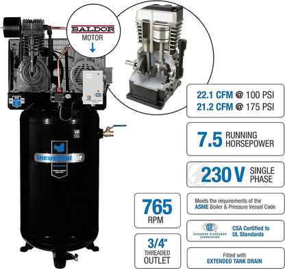 Industrial Air IV7518075 Vertical 80 gallon Two Stage Cast Iron Industrial Air Compressor