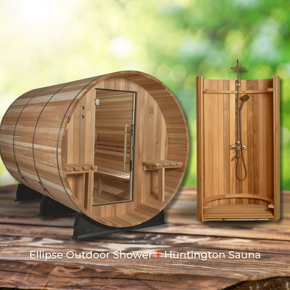 Almost Heaven Huntington 6 Person Canopy Outdoor Barrel Sauna &  Almost Heaven Ellipse Outdoor Shower