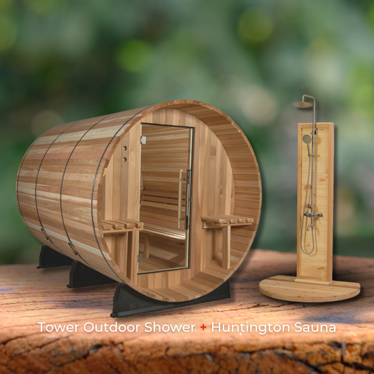 Almost Heaven Huntington 6 Person Canopy Outdoor Barrel Sauna &  Almost Heaven Tower Outdoor Shower