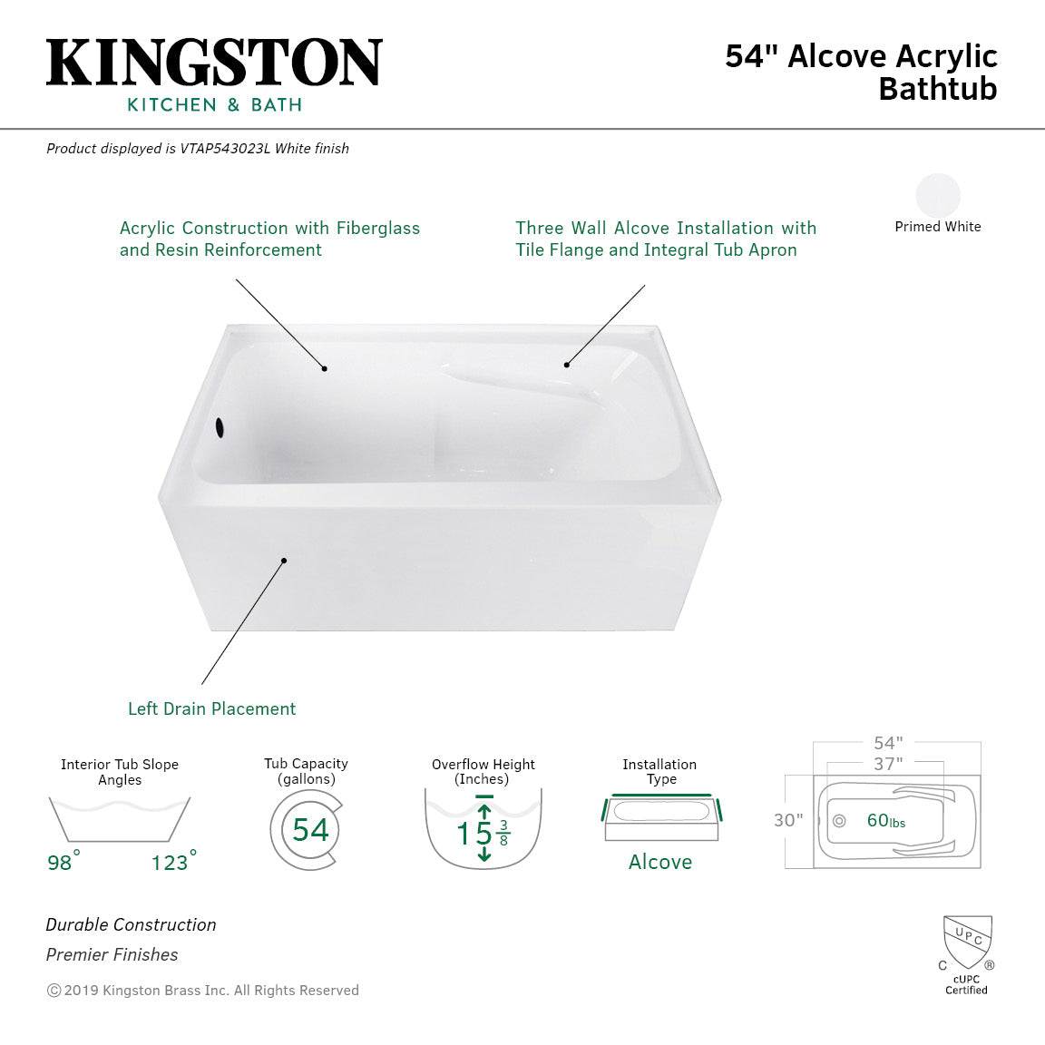 Aqua Eden Vtap543023R 54 X 30 X 22 Acrylic Alcove Bathtub W/Arm Rest