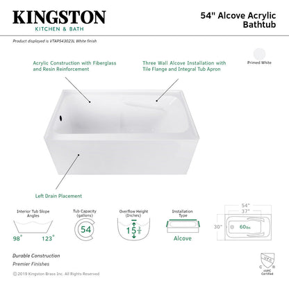 Aqua Eden Vtap543023R 54 X 30 X 22 Acrylic Alcove Bathtub W/Arm Rest