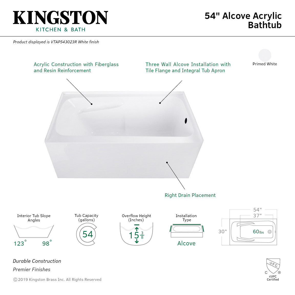 Aqua Eden Vtap543023R 54 X 30 X 22 Acrylic Alcove Bathtub W/Arm Rest