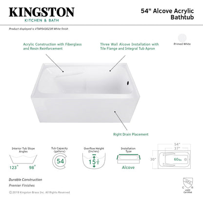 Aqua Eden Vtap543023R 54 X 30 X 22 Acrylic Alcove Bathtub W/Arm Rest