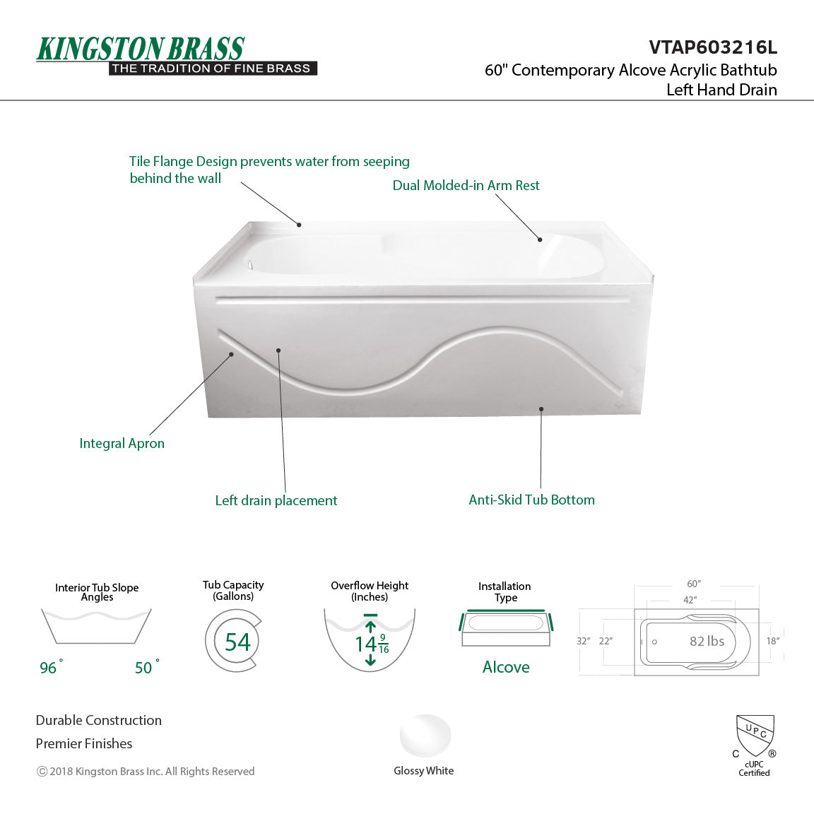 Aqua Eden Vtap603216L Alcove Bathtub 59-13/16 In. L X 32 In. W X 20-1/4 In. H