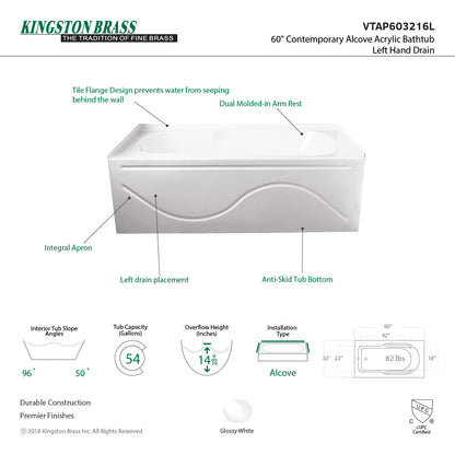 Aqua Eden Vtap603216L Alcove Bathtub 59-13/16 In. L X 32 In. W X 20-1/4 In. H