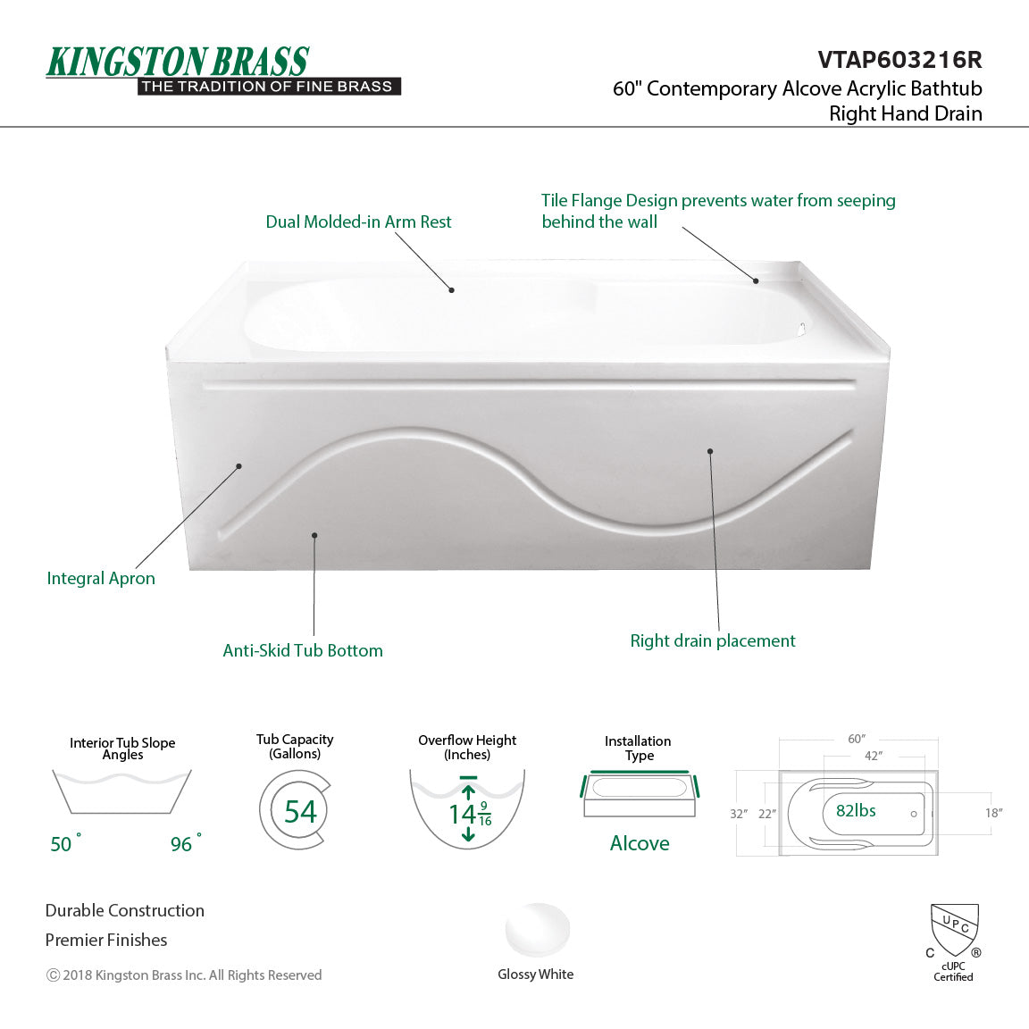 Aqua Eden Vtap603216L Alcove Bathtub 59-13/16 In. L X 32 In. W X 20-1/4 In. H