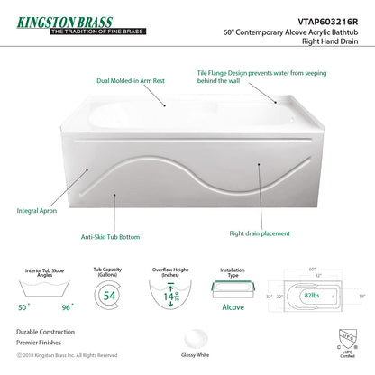 Aqua Eden Vtap603216L Alcove Bathtub 59-13/16 In. L X 32 In. W X 20-1/4 In. H