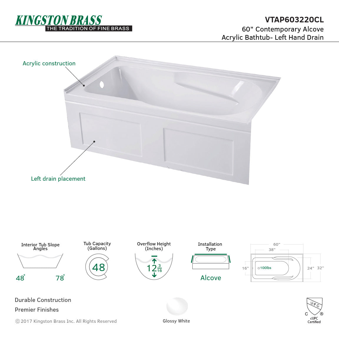 Aqua Eden Vtap603220Cl Alcove Bathtub 60 In. L X 32 In. W X 20-1/2 In. H