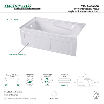 Aqua Eden Vtap603220Cl Alcove Bathtub 60 In. L X 32 In. W X 20-1/2 In. H