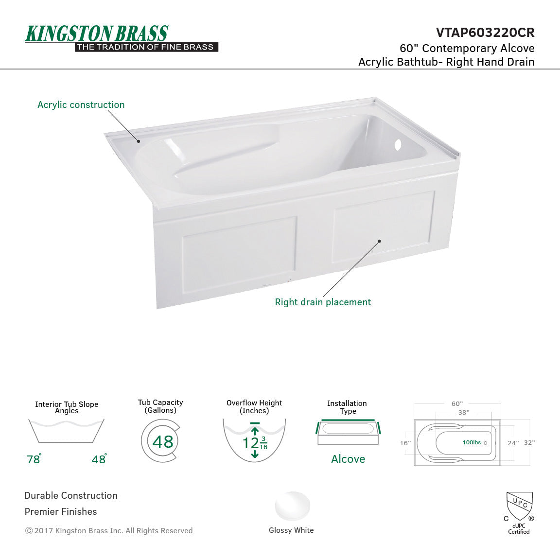 Aqua Eden Vtap603220Cl Alcove Bathtub 60 In. L X 32 In. W X 20-1/2 In. H
