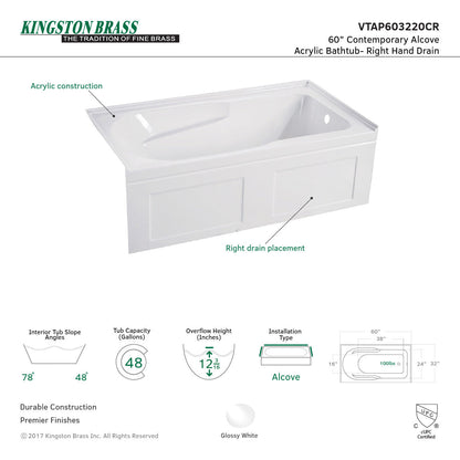 Aqua Eden Vtap603220Cl Alcove Bathtub 60 In. L X 32 In. W X 20-1/2 In. H