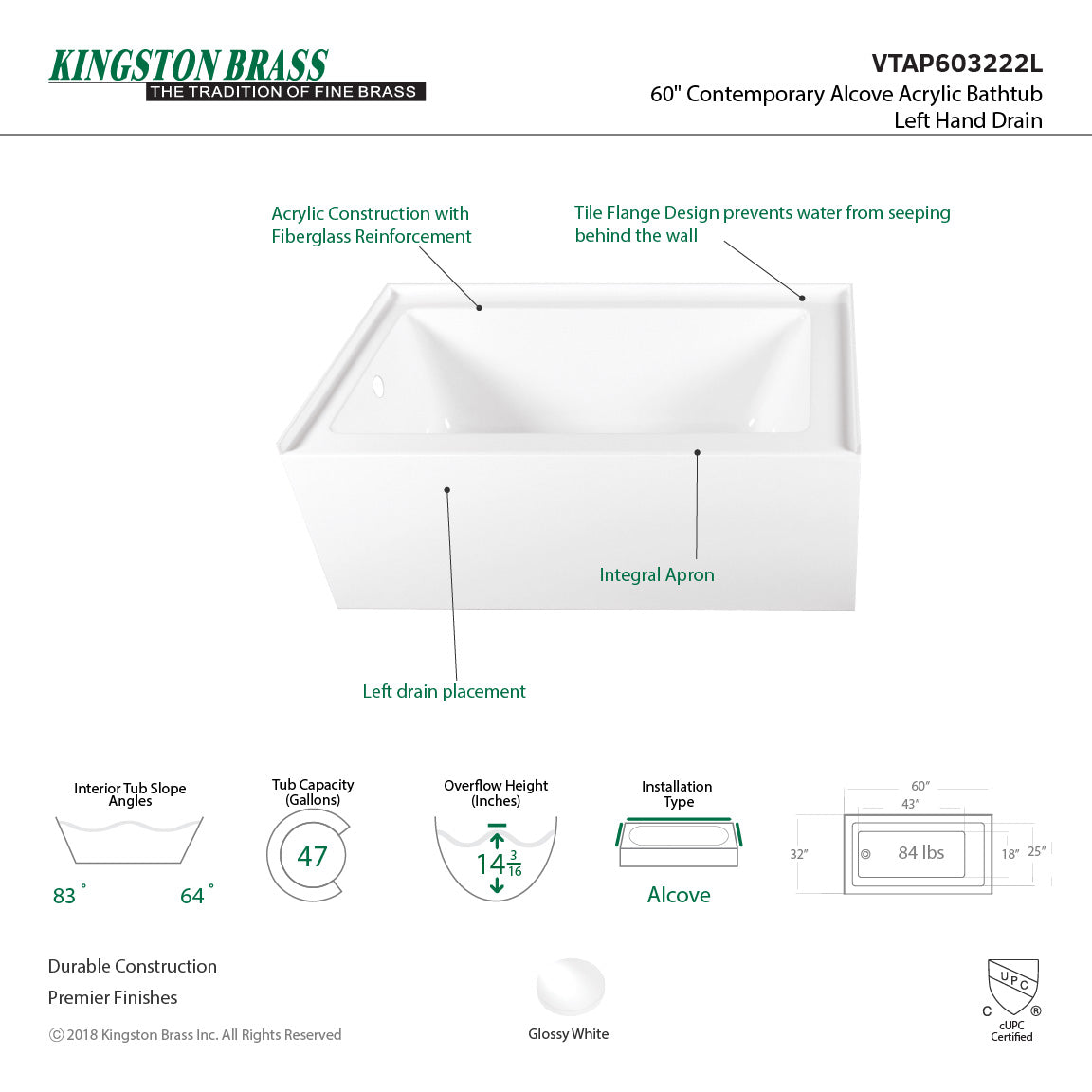 Aqua Eden Vtap603222L Alcove Bath Tub (L)60"X (W)32" X (H)21-5/8"