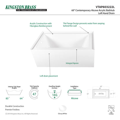 Aqua Eden Vtap603222L Alcove Bath Tub (L)60"X (W)32" X (H)21-5/8"