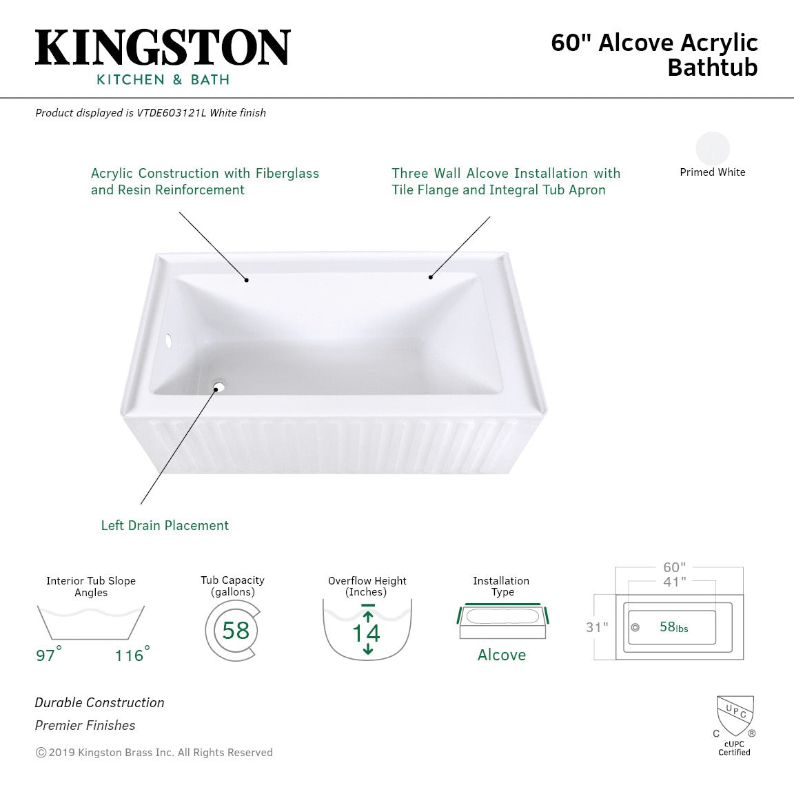Aqua Eden Vtde603121X-P 60X30X22 Acrylic Alcove Bathtub