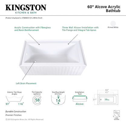 Aqua Eden Vtde603121X-P 60X30X22 Acrylic Alcove Bathtub