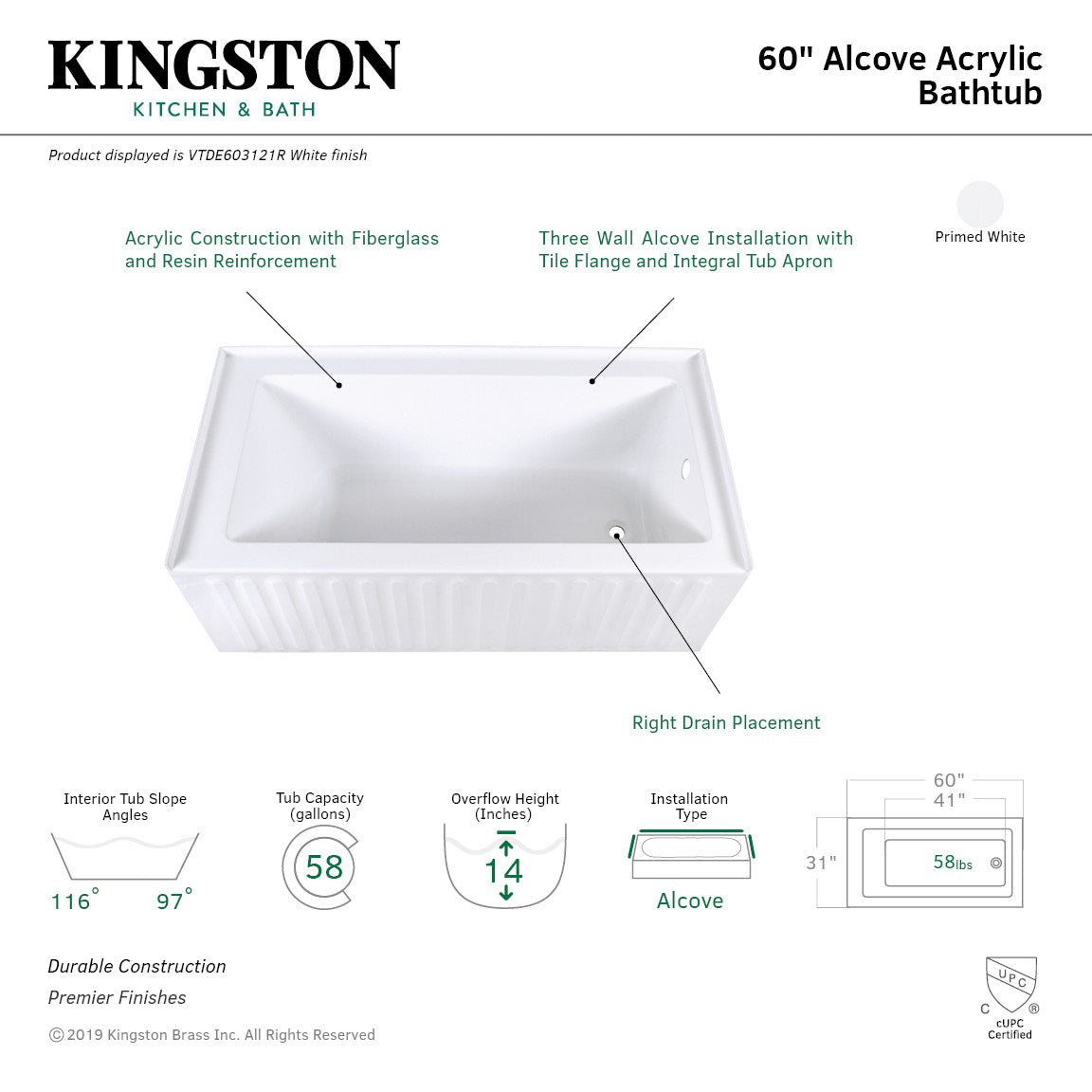 Aqua Eden Vtde603121X-P 60X30X22 Acrylic Alcove Bathtub