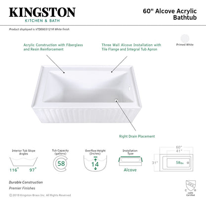 Aqua Eden Vtde603121X-P 60X30X22 Acrylic Alcove Bathtub
