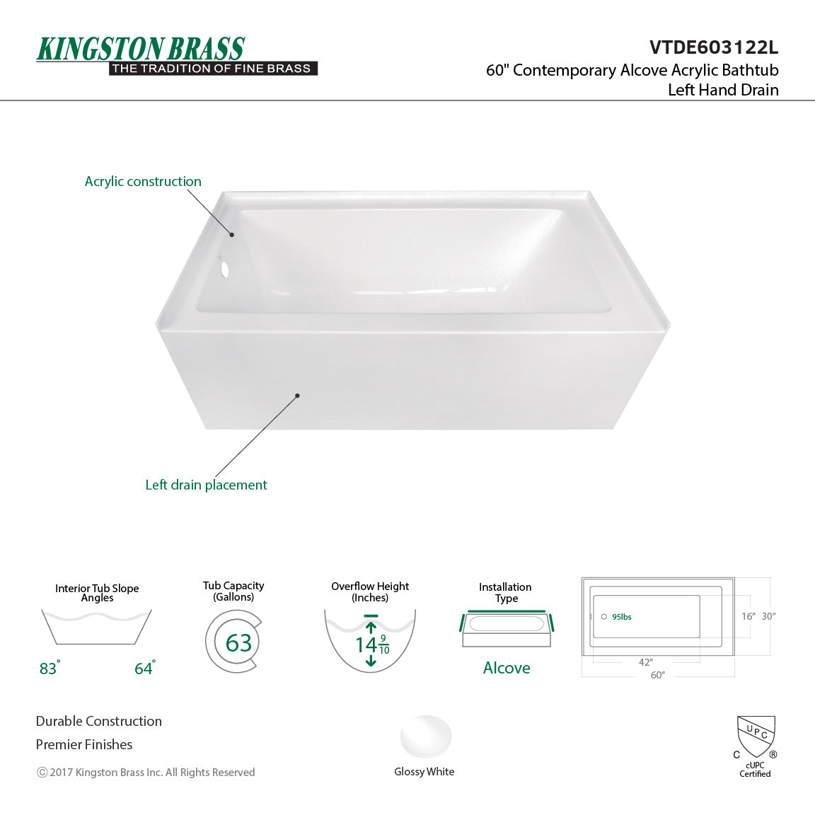Aqua Eden Vtde603122X-P 60-Inch Acrylic Regular Alcove Tub