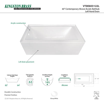 Aqua Eden Vtde603122X-P 60-Inch Acrylic Regular Alcove Tub