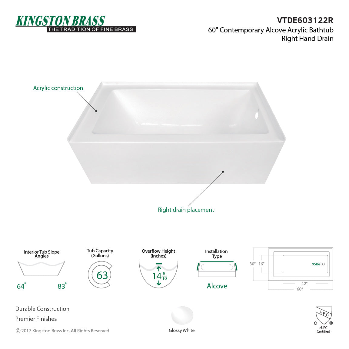Aqua Eden Vtde603122X-P 60-Inch Acrylic Regular Alcove Tub