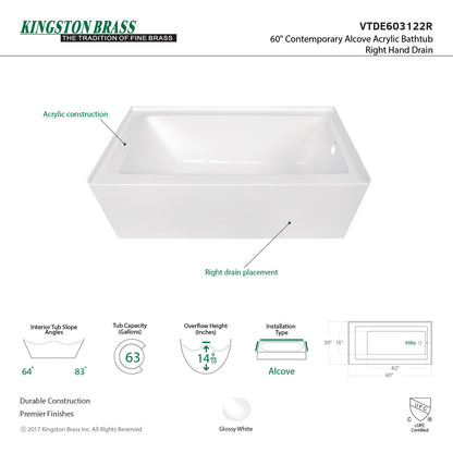Aqua Eden Vtde603122X-P 60-Inch Acrylic Regular Alcove Tub