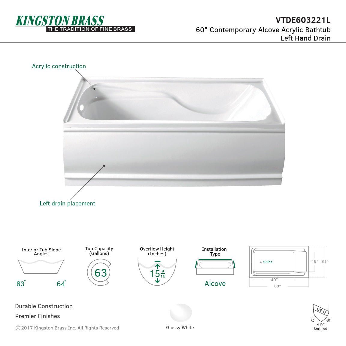 Aqua Eden  Vtde603221X-P 60X32X21 Acrylic Alcove Bathtub
