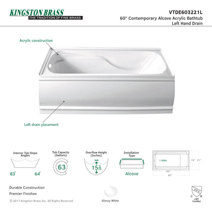 Aqua Eden  Vtde603221X-P 60X32X21 Acrylic Alcove Bathtub