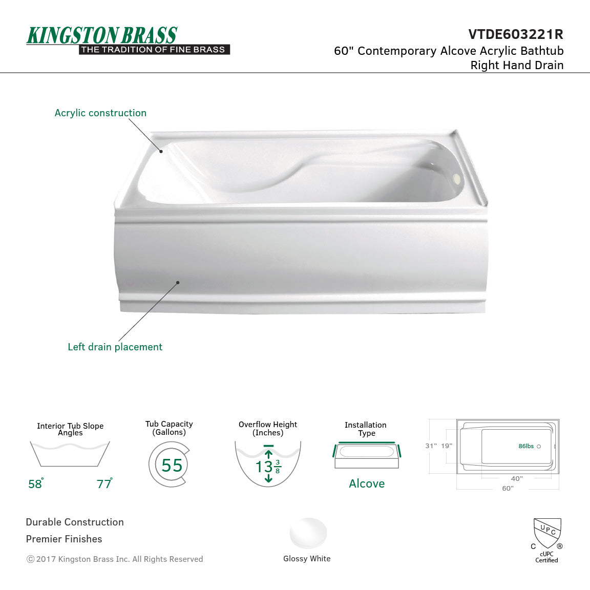 Aqua Eden  Vtde603221X-P 60X32X21 Acrylic Alcove Bathtub