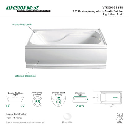 Aqua Eden  Vtde603221X-P 60X32X21 Acrylic Alcove Bathtub