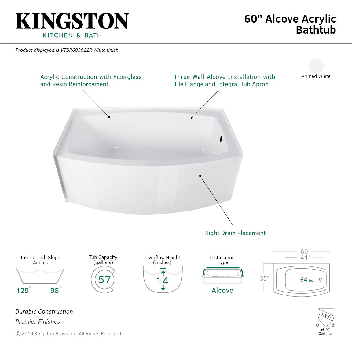 Aqua Eden Vtdr603022L Inflection Alcove Bathtub  (L)60" X (W)35" X (H)21-5/8"