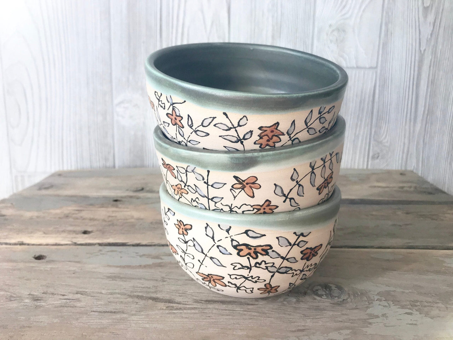 Ceramic Bowls with Floral Pattern - Pottery Handmade