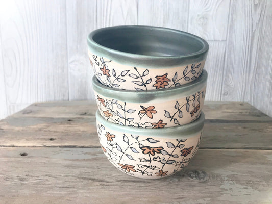 Ceramic Bowls with Floral Pattern - Pottery Handmade